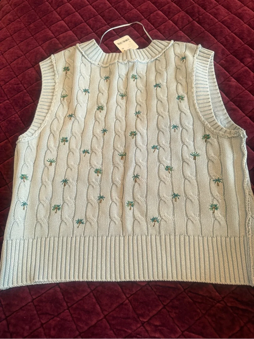 Free People Plumeria Palm Tree Sky Blue Cotton Sweater Vest Size Medium NWT